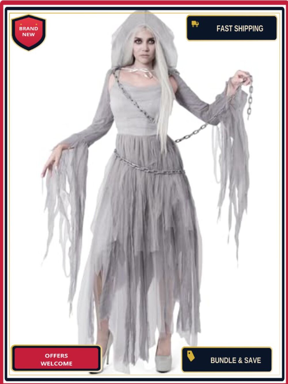 Women's Haunting Beauty Ghost Costume Dress Hooded Cape Chain Set